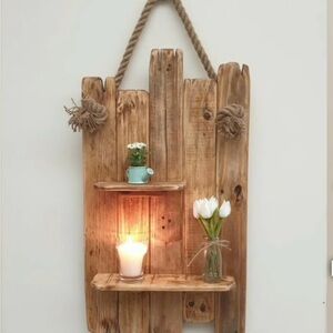 Rustic Shabby Chic Wooden Wall Shelf with Rope Hanger